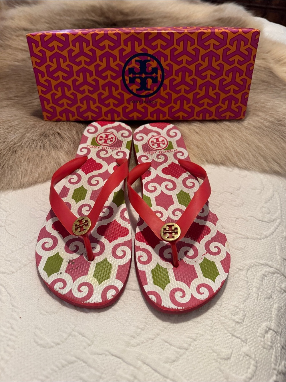 Tory Burch Pink, Red & Green Logo Pattern Flip Flop Sandals